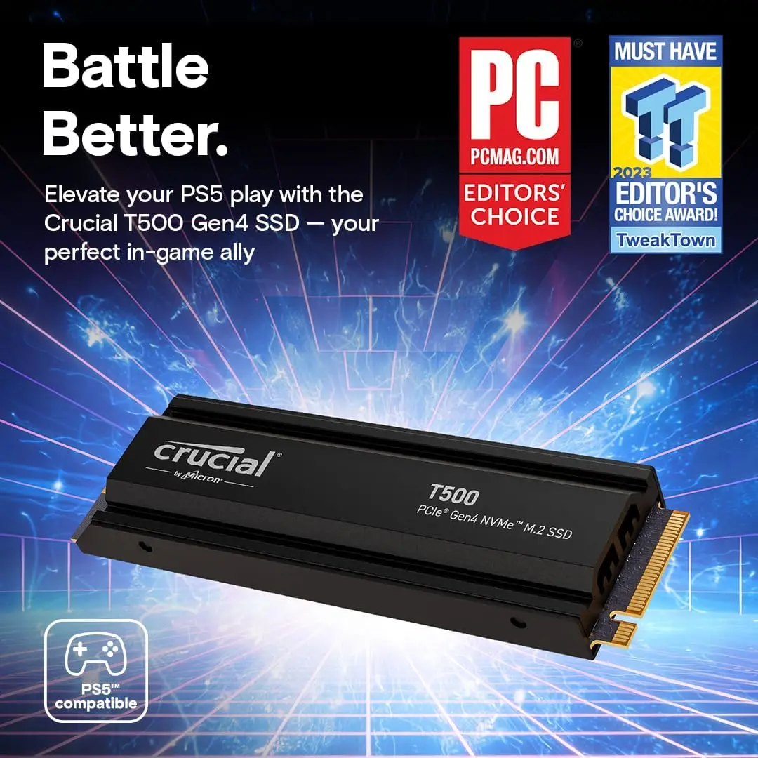 Crucial T500 1TB/2TB – SSD NVMe M.2 Gen4 avec Dissipateur, Jusqu'à 7300MB/s pour PC, Console et Laptop Gaming – Image 2