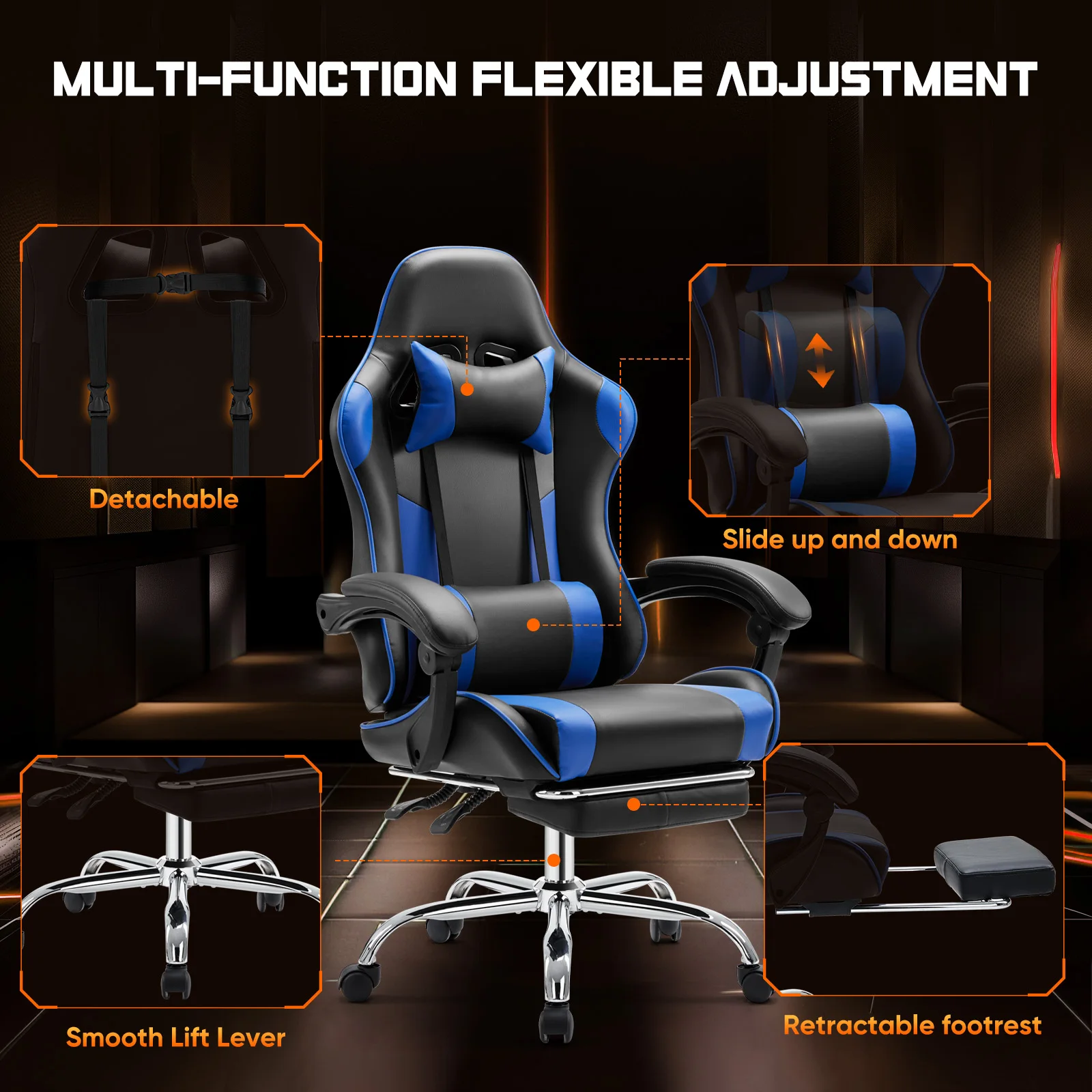Chaise gaming ergonomique réglable – Simili cuir, appuie-tête & support lombaire, idéale bureau & gaming – Image 4
