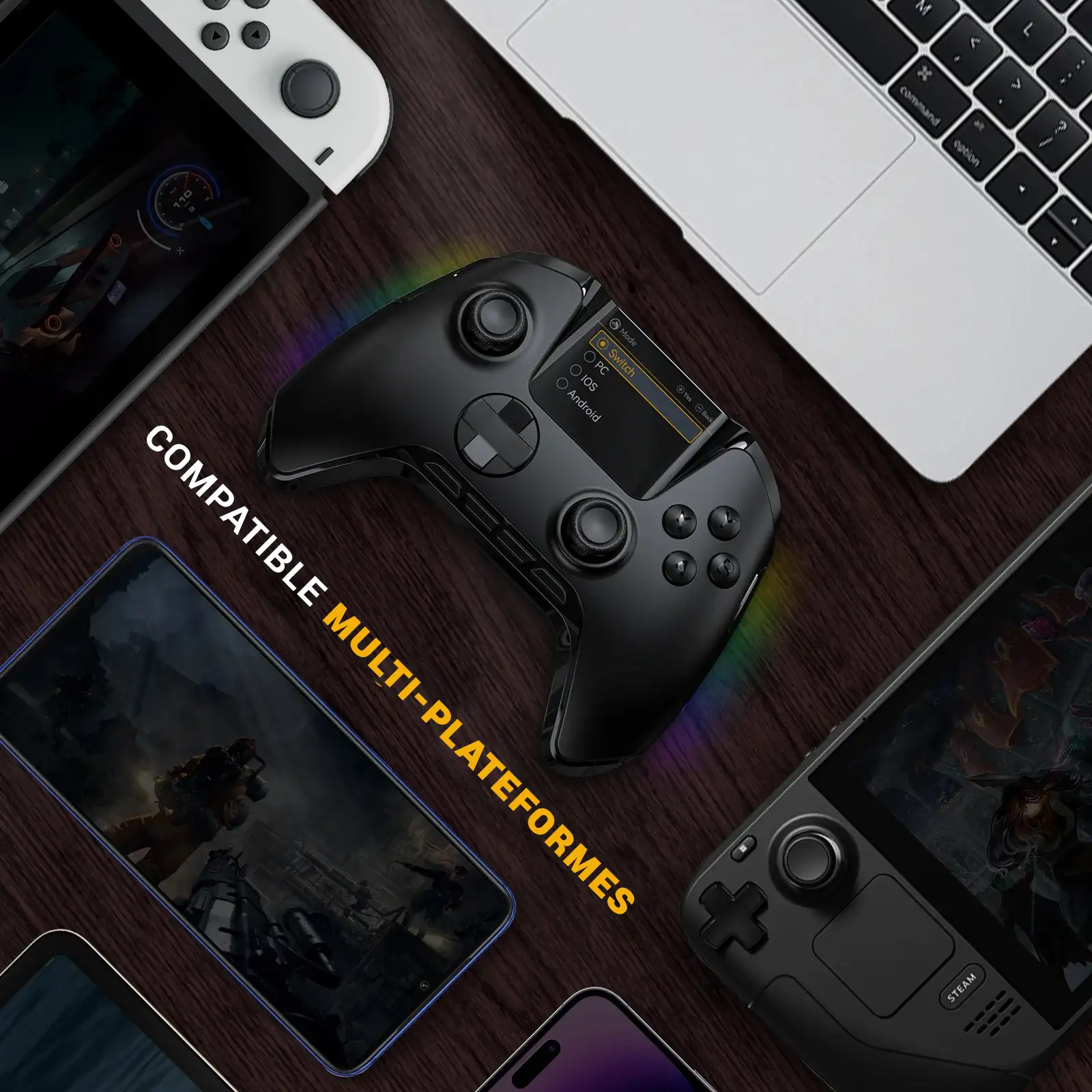 Manette sans fil avec écran interactif - Compatible iOS/Android/Switch/PC - Lumière RGB + Dock de chargement – Image 5
